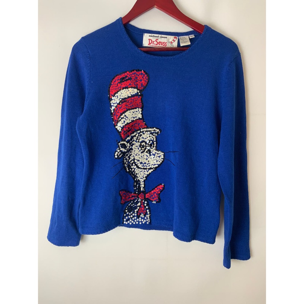 Dr. Seuss Long Sleeve Sequin Blue Cat in the Hat Michael Simon Womens Medium M